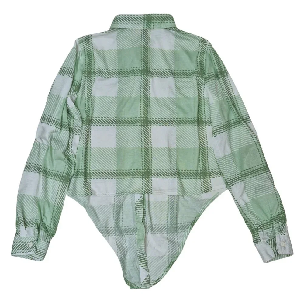 NWT Passport Womens Green Plaid Button Up Shirt Size M Front Tie Roll Tab Sleeve - Picture 8 of 10
